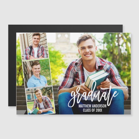 Modern Brush Script 4 Foto Abschluss Magnet Card (Vorne/Hinten)