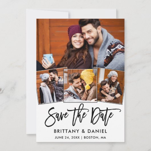 Modern Brush Script 4 Foto Collage Couple Save The Date (Vorderseite)