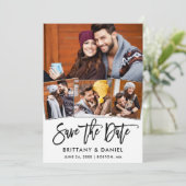 Modern Brush Script 4 Foto Collage Couple Save The Date (Stehend Vorderseite)