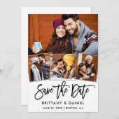 Modern Brush Script 4 Foto Collage Couple Save The Date (Vorne/Hinten)