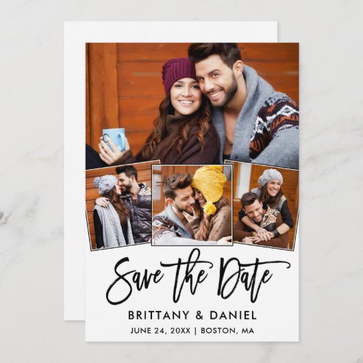 Modern Brush Script 4 Foto Collage Couple Save The Date (Vorne/Hinten)