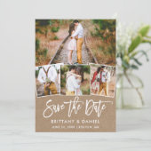 Modern Brush Script 4 Foto Collage Kraft Save The Date (Stehend Vorderseite)