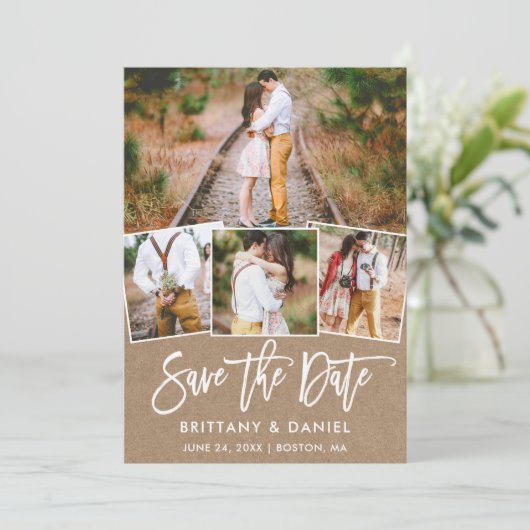 Modern Brush Script 4 Foto Collage Kraft Save The Date (Stehend Vorderseite)