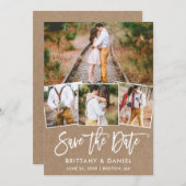 Modern Brush Script 4 Foto Collage Kraft Save The Date (Vorne/Hinten)