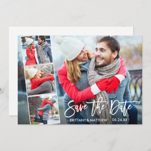Modern Brush Script 4 Foto Save the Date Karte (Vorne/Hinten)