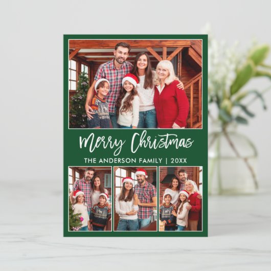 Modern Brush Script 4 Fotos Frohe Weihnachten Grün (Stehend Vorderseite)