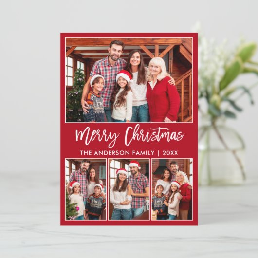 Modern Brush Script 4 Fotos Frohe Weihnachten Rot (Stehend Vorderseite)