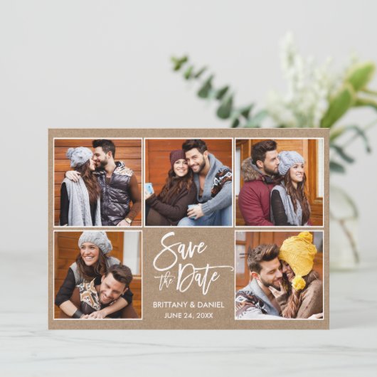 Modern Brush Script 5 Foto Kraft Save The Date (Stehend Vorderseite)