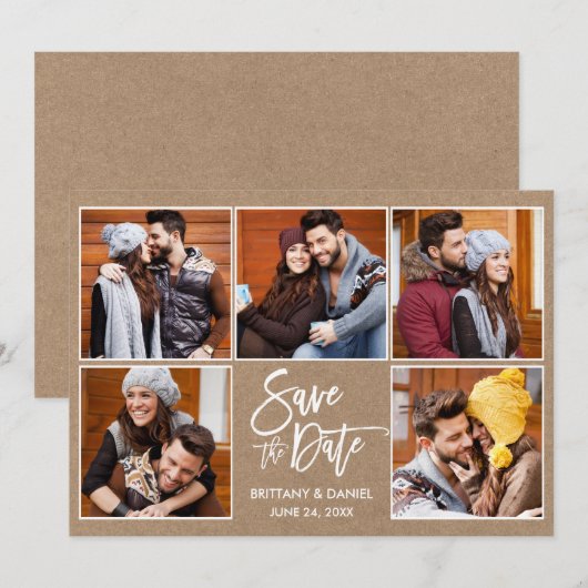 Modern Brush Script 5 Foto Kraft Save The Date (Vorne/Hinten)