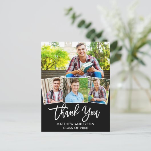 Modern Brush Script Abschluss 4 Foto Vielen Dank Postkarte (Stehend Vorderseite)