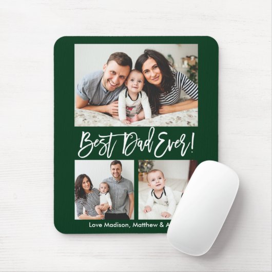 Modern Brush Script Bester Vater für 3 Fotos Grün Mousepad (Mit Mouse)