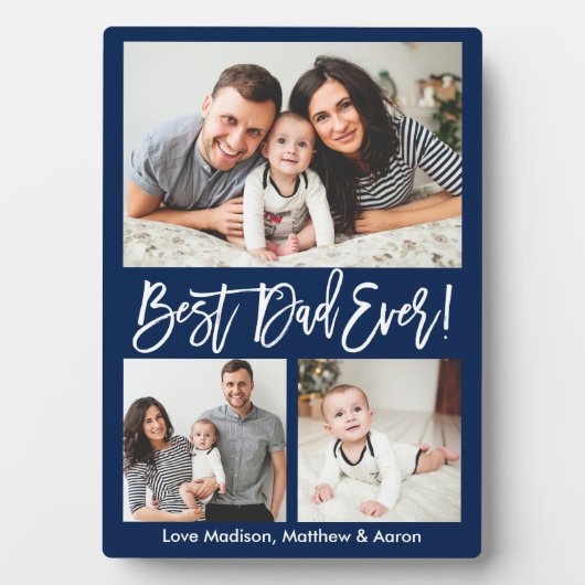 Modern Brush Script Bester Vater je 3 Foto Blau Fotoplatte (Vorderseite)