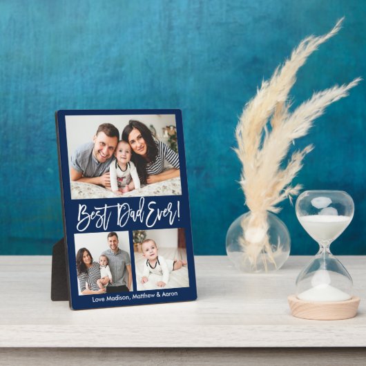 Modern Brush Script Bester Vater je 3 Foto Blau Fotoplatte (Seite)