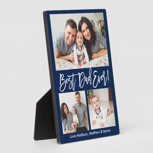 Modern Brush Script Bester Vater je 3 Foto Blau Fotoplatte (Seite)