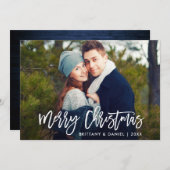 Modern Brush Script Blue Wood Weihnachtskarte Einladung (Vorne/Hinten)