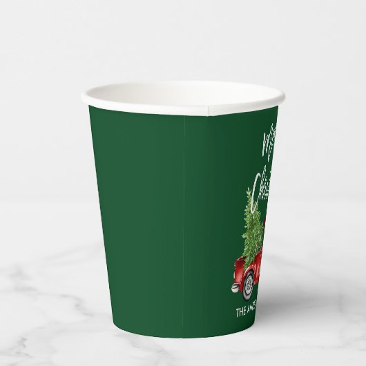 Modern Brush Script Christmas Red Truck Green Pappbecher (Rechts)