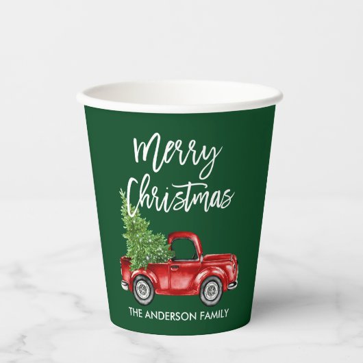 Modern Brush Script Christmas Red Truck Green Pappbecher (Vorderseite)