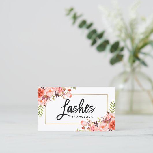 Modern Brush Script Coral Floral Lashes Visitenkarte (Stehend Vorderseite)