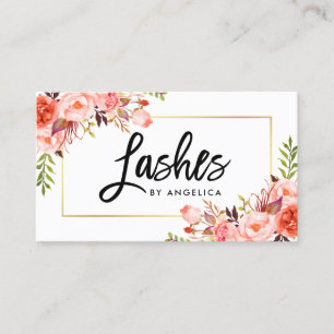 Modern Brush Script Coral Floral Lashes Visitenkarte