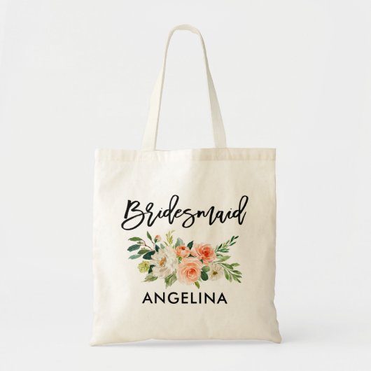 Modern Brush Script Coral White Floral Bridesmaid Tragetasche (Vorne)