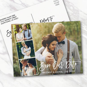 Modern Brush Script Couple 4 Photo Save Our Date Postkarte