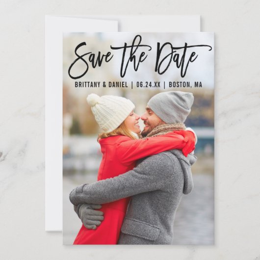 Modern Brush Script Couple Foto B Save the Date (Vorderseite)