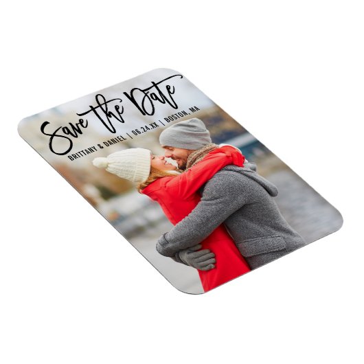 Modern Brush Script Couple Foto B Save the Date Magnet (Rechte Seite)