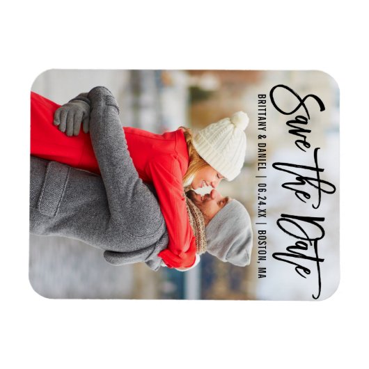 Modern Brush Script Couple Foto B Save the Date Magnet (Horizontal)