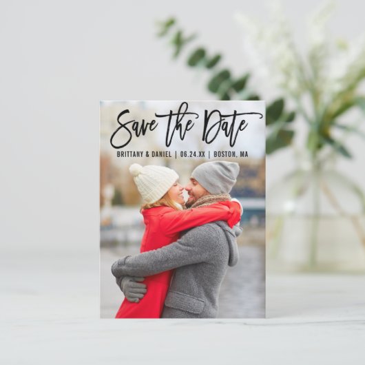 Modern Brush Script Couple Foto B Save the Date Postkarte (Stehend Vorderseite)