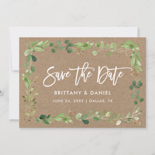 Modern Brush Script Eucalyptus Kraft Save The Date (Vorderseite)
