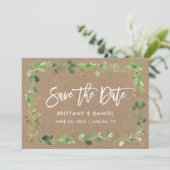 Modern Brush Script Eucalyptus Kraft Save The Date (Stehend Vorderseite)