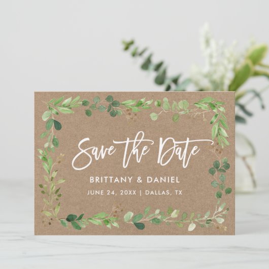 Modern Brush Script Eucalyptus Kraft Save The Date (Stehend Vorderseite)