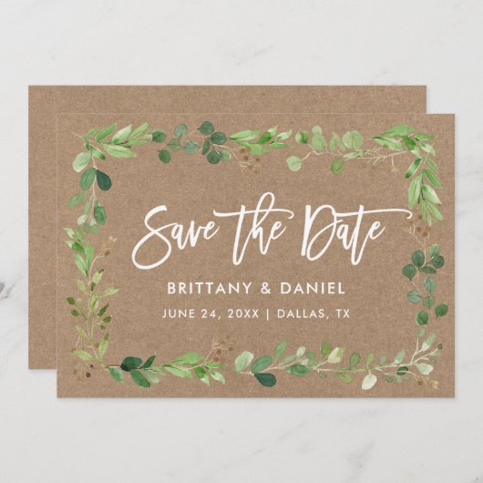 Modern Brush Script Eucalyptus Kraft Save The Date (Vorne/Hinten)