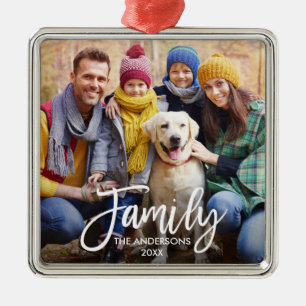 Modern Brush Script Family Foto Square Ornament Aus Metall