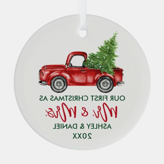 Modern Brush Script First Christmas Red Truck Ornament Aus Glas (Rückseite)