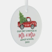 Modern Brush Script First Christmas Red Truck Ornament Aus Glas (Vorderseite Rechts)