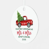 Modern Brush Script First Christmas Red Truck Ornament Aus Metall (Vorderseite links)