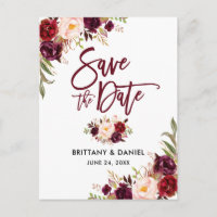 Modern Brush Script floral Burgundy Save the Date