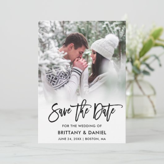 Modern Brush Script Foto Save the Date Karte B (Stehend Vorderseite)