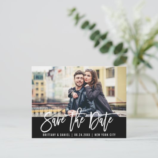 Modern Brush Script Foto Trendy Save the Date Postkarte (Stehend Vorderseite)