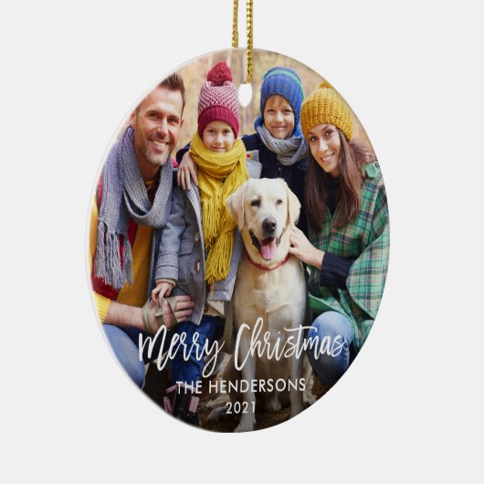 Modern Brush Script Frohe Weihnachten Foto Keramik Ornament (Rechts)