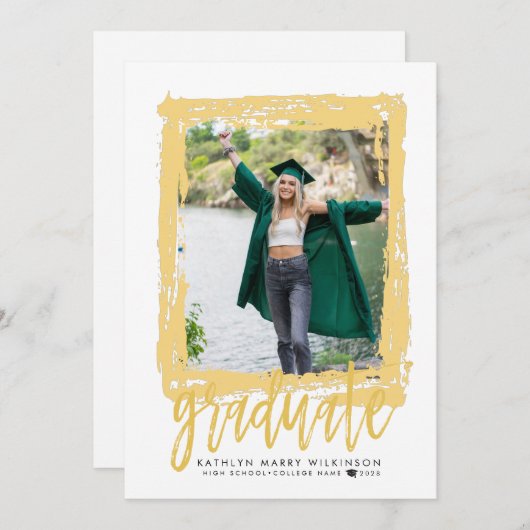 Modern Brush Script Gold 2 Foto Graduation Party Einladung (Vorne/Hinten)