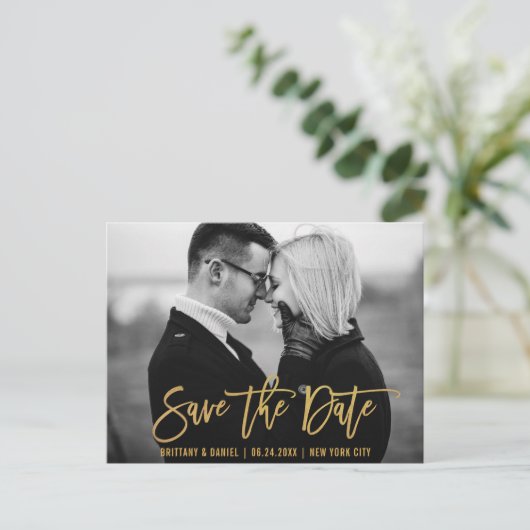 Modern Brush Script Gold Save the Date Foto Postkarte (Stehend Vorderseite)