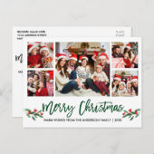 Modern Brush Script Green 5 Foto Weihnachten Postkarte (Vorne/Hinten)