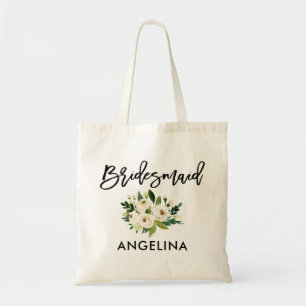 Modern Brush Script Green White Floral Bridesmaid Tragetasche