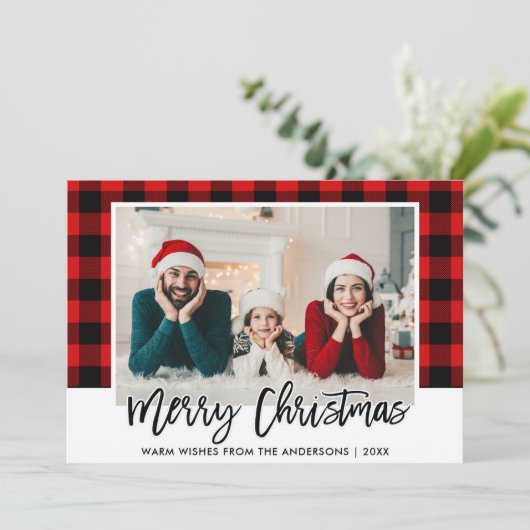 Modern Brush Script Kariertes Foto Weihnachten (Stehend Vorderseite)