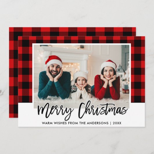 Modern Brush Script Kariertes Foto Weihnachten (Vorne/Hinten)