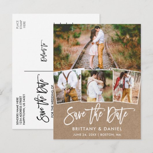 Modern Brush Script Kraft Save the Date 4 Foto Postkarte (Vorne/Hinten)