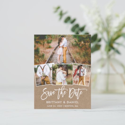 Modern Brush Script Kraft Save the Date 4 Foto Postkarte (Stehend Vorderseite)