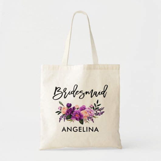 Modern Brush Script Lila floral Bridesmaid Tragetasche (Vorne)